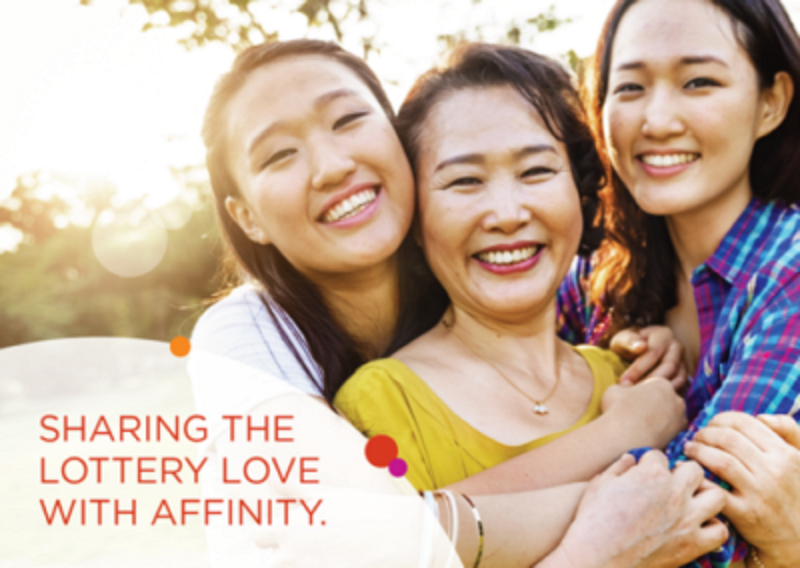Three happy women hugging outside, with the caption “sharing the lottery love with Affinity”, representing Woods Valldata’s lottery fundraiser solution.